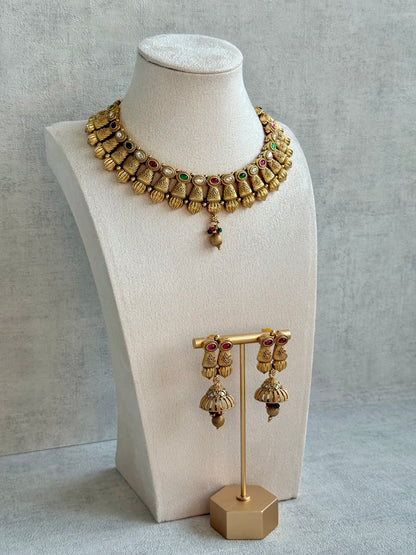 Ayura Designs Aima Necklace Set with Earrings – Antique Gold with Rani Pink & Emerald Green Stones