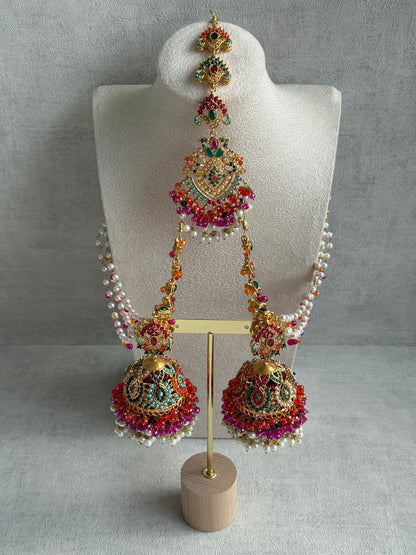 Ayura Designs Safia Tikka Set with Sahare Earrings – Multicolour (Orange, Pink & Ivory Beads)