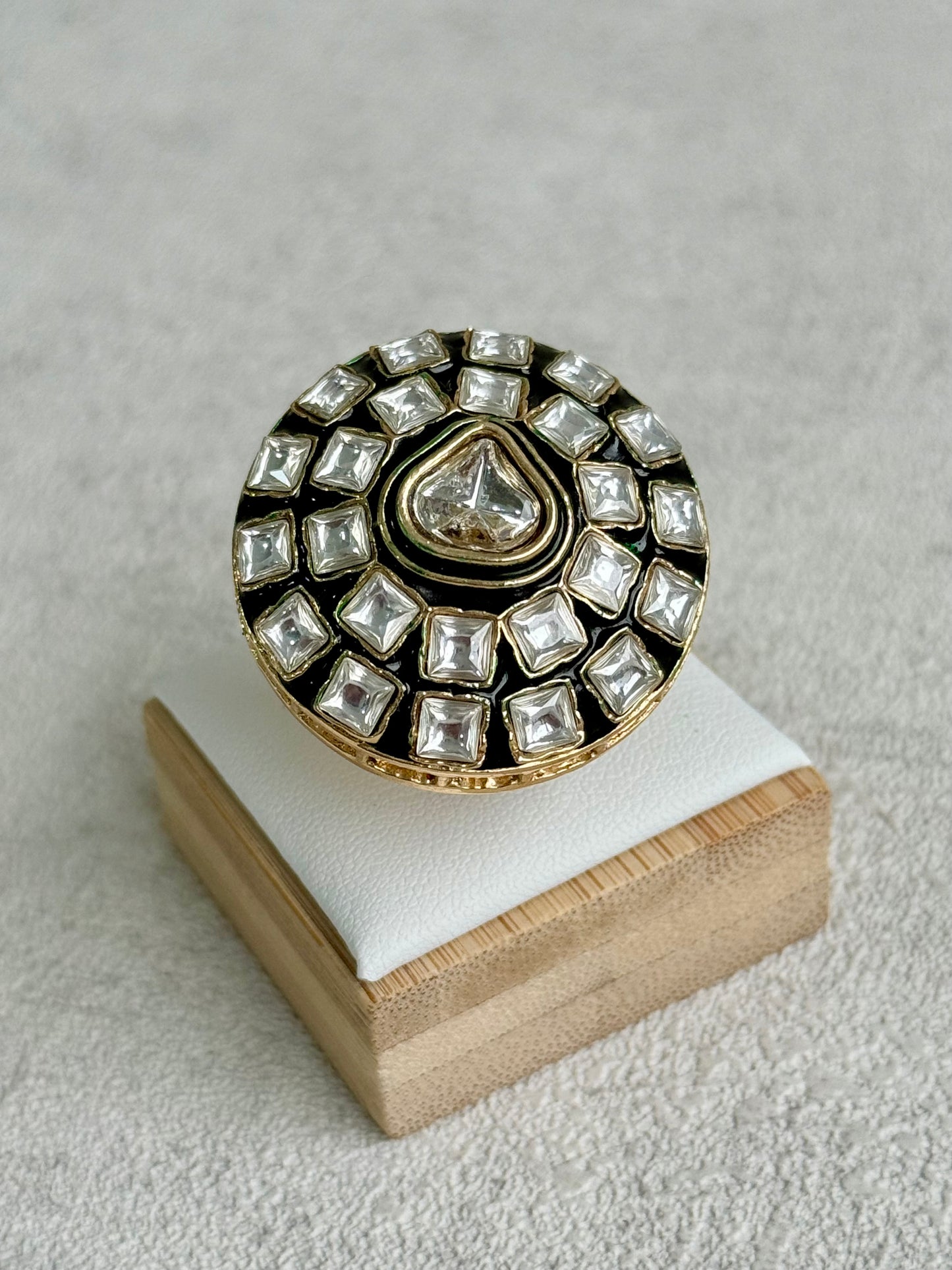 Ayura Designs Zaib Adjustable Ring – Mirror-Cut Stone with Green Enamel & Crystal Detailing