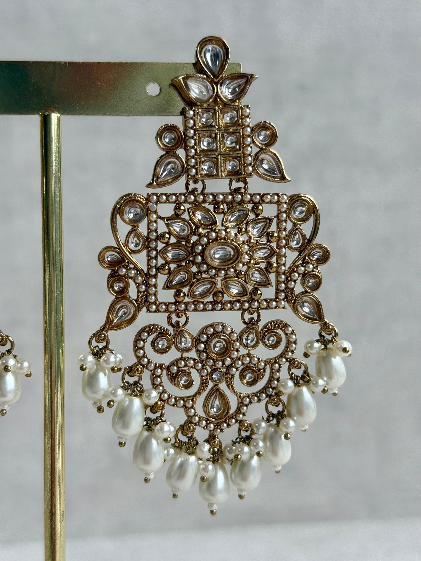 Ayura Designs Arwa Earrings – Antique Gold Finish with Mirror-Cut Stones & Ivory Pearl Drops