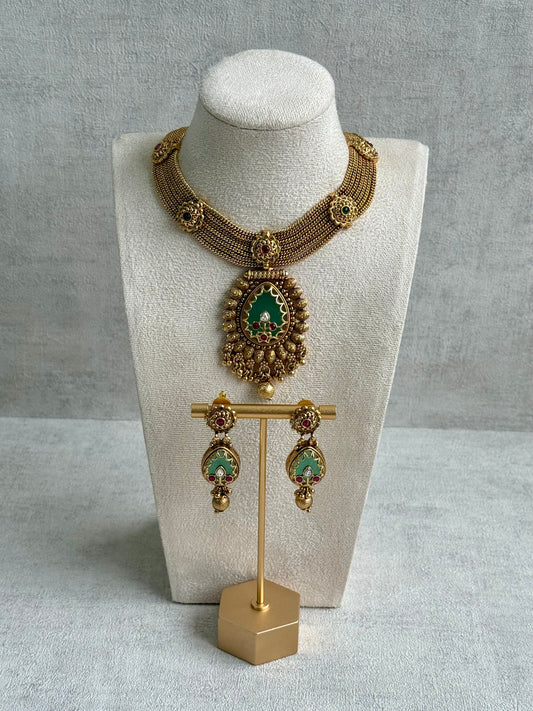 Ayura Designs Ishani Set – Necklace & Earrings with Antique Gold Finish, Pistachio Enamel, Ruby & Polki Detailing