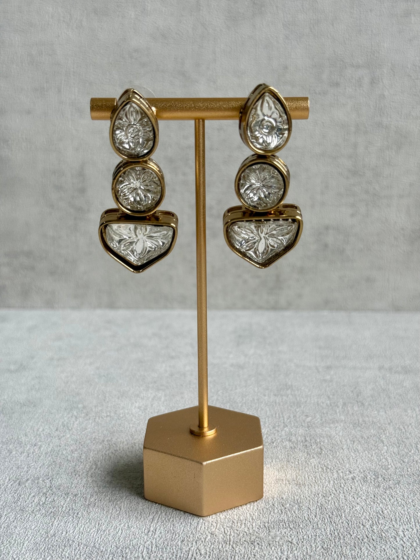 Ayura Designs Zella Earrings – Carved Crystal with Gold Frame Detailing