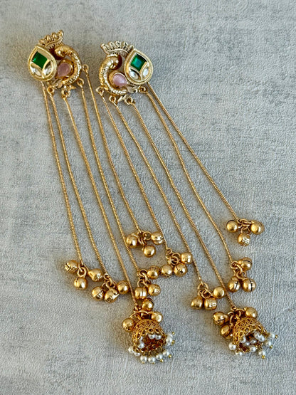 Ayura Designs Morira Earrings – Antique Gold Jhumki Earrings with Kundan Stones, Chains & Ghungroo Detailing