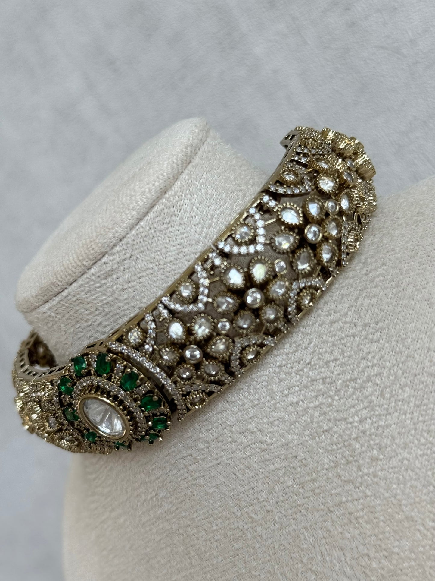 Ayura Designs Genevieve Choker Set with Studs – Emerald Green Crystal Kundan in Antique Gold