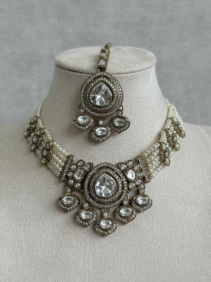 Ayura Designs Rahi Necklace Set with Earrings & Tikka – Ivory Pearl Stones with Mirror-Cut Detailing & Pearl Strands
