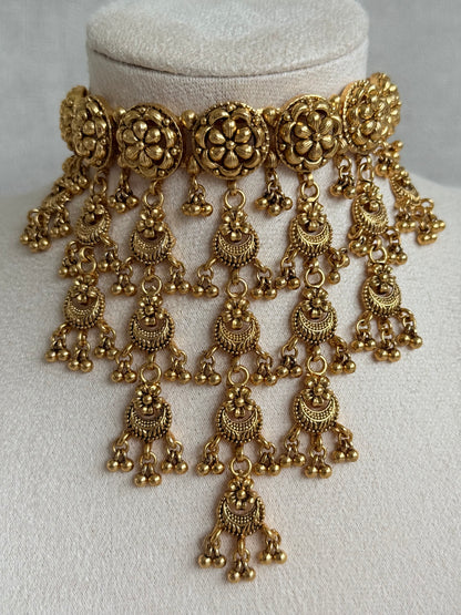 Ayura Designs Kimaya Choker Set with Earrings & Tikka – Gold Floral Waterfall Choker with Ghungroo Drops