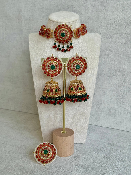 Ayura Designs Lubna Choker Set with Jhumkis & Ring – Ruby Red, Emerald Green & Pearl Detailing in Antique Gold Finish