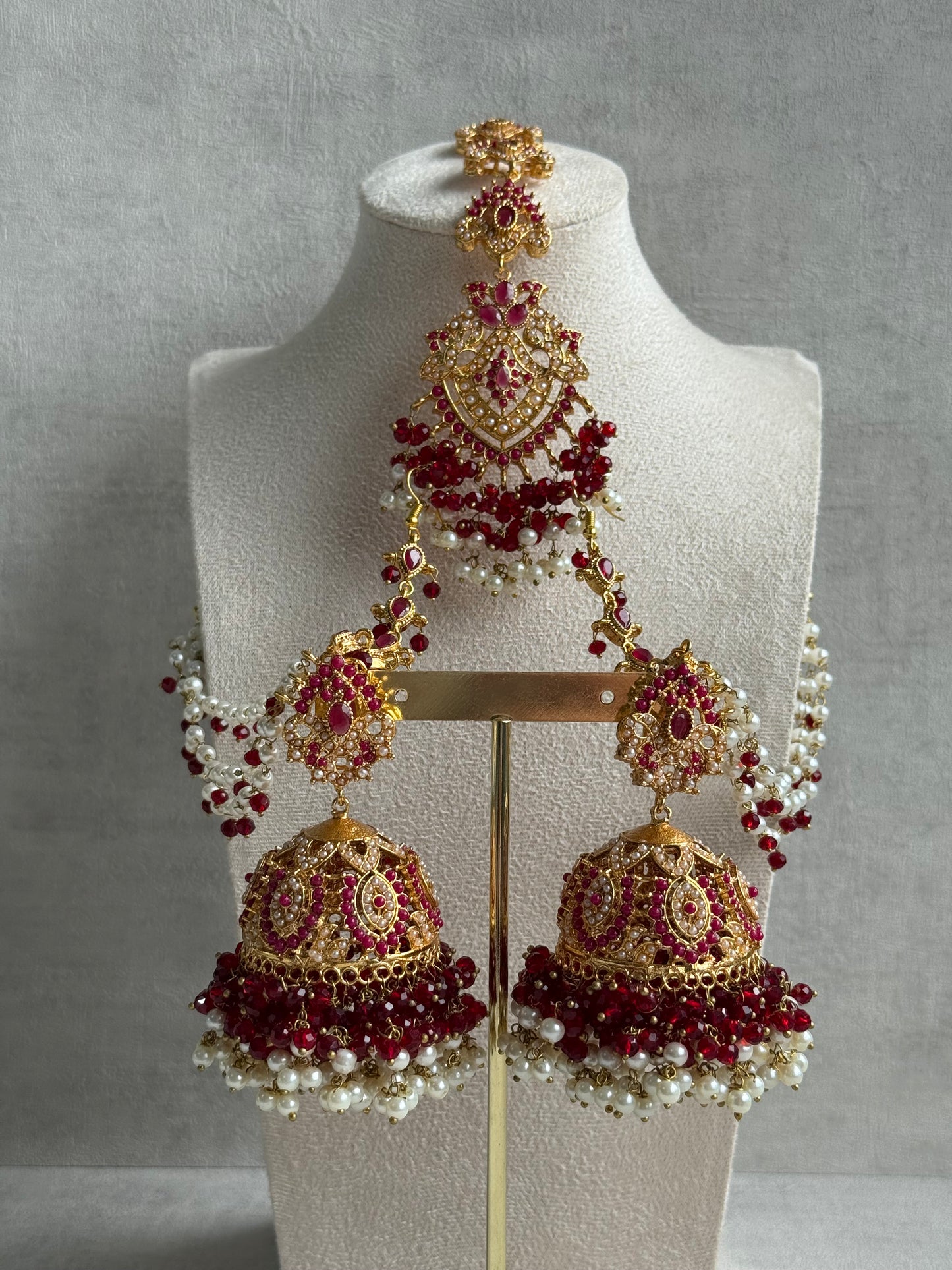 Ayura Designs Safia Tikka Set with Sahare Earrings – Ruby Red Beads & Pearls