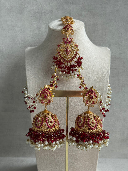 Ayura Designs Safia Tikka Set with Sahare Earrings – Ruby Red Beads & Pearls