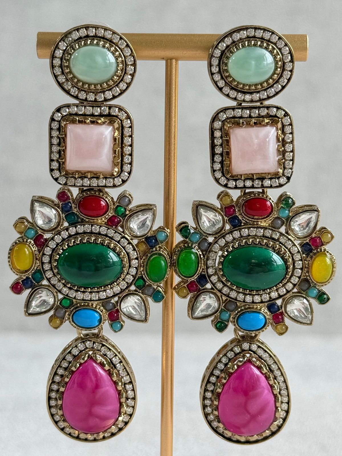 Ayura Designs Jeenat Earrings – Multicolour Stones, Crystal Detailing & Rani Pink Teardrops