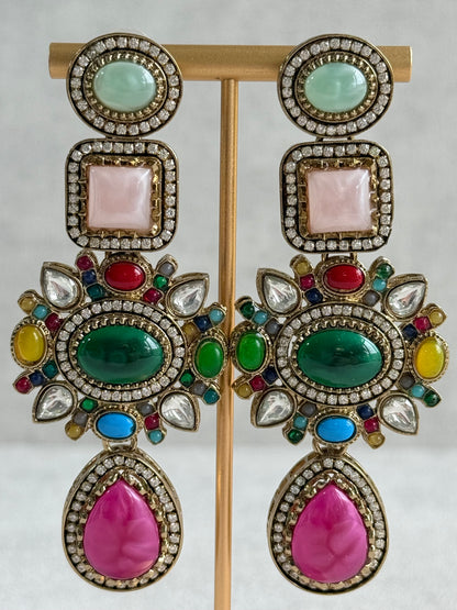 Ayura Designs Jeenat Earrings – Multicolour Stones, Crystal Detailing & Rani Pink Teardrops