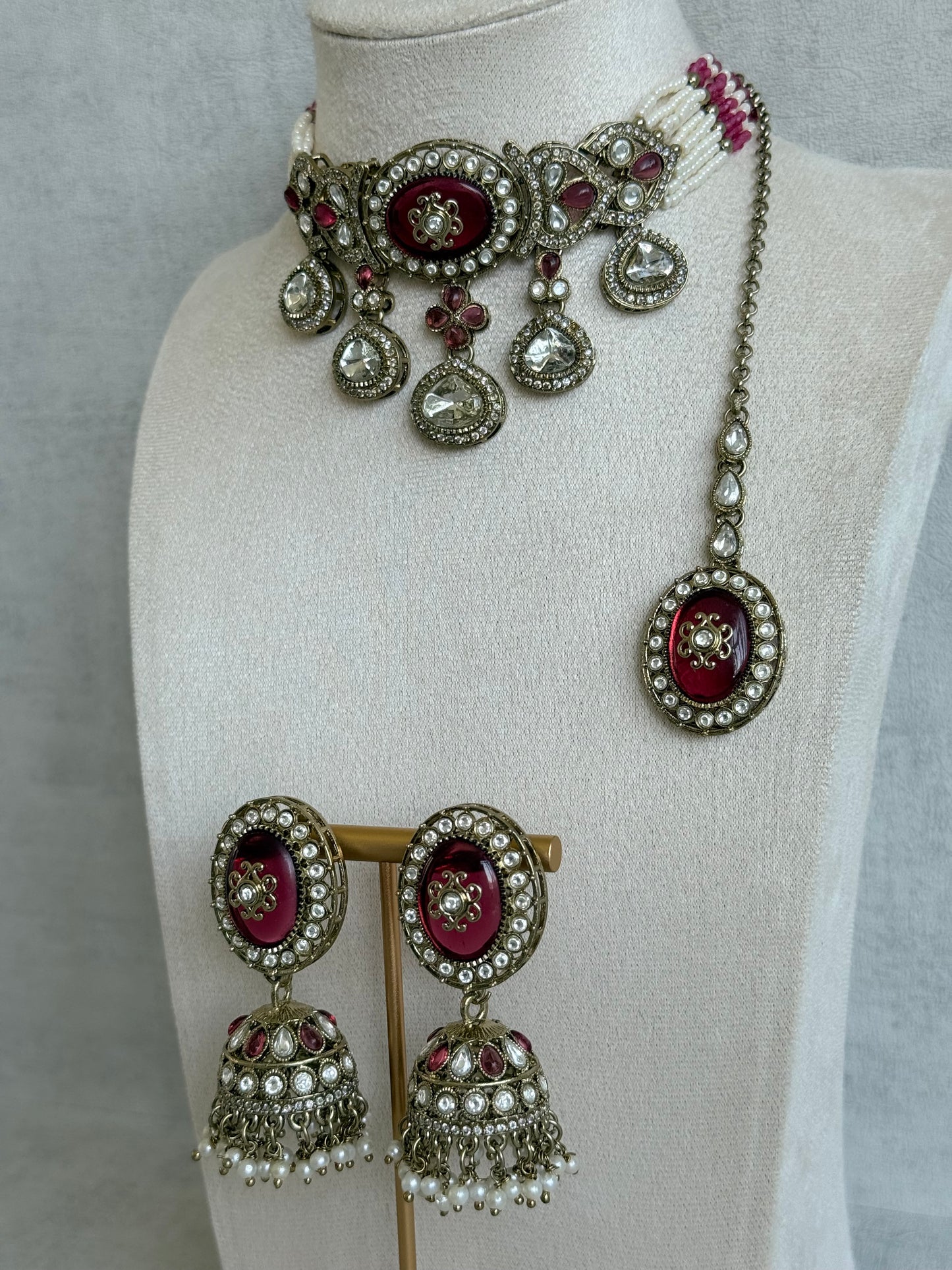 Ayura Designs Myra Choker Set with Earrings & Tikka – Ruby Pink Kundan & Pearl Detailing