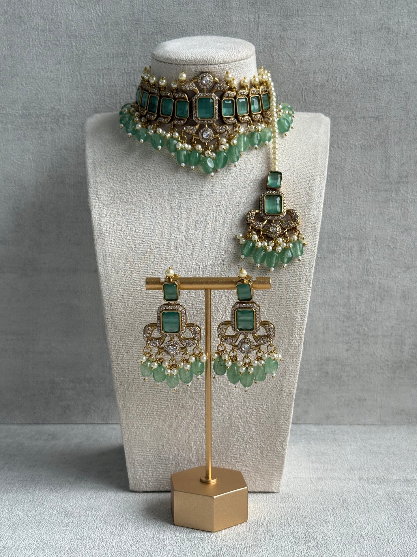 Ayura Designs Esme Set – Antique Gold Choker with Mint Green Stones, Pearls & Crystal Detailing
