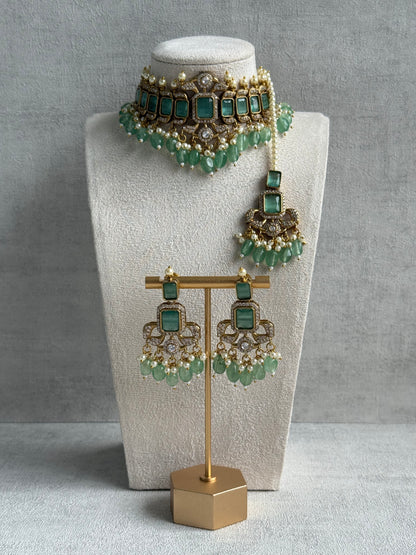 Ayura Designs Esme Set – Antique Gold Choker with Mint Green Stones, Pearls & Crystal Detailing