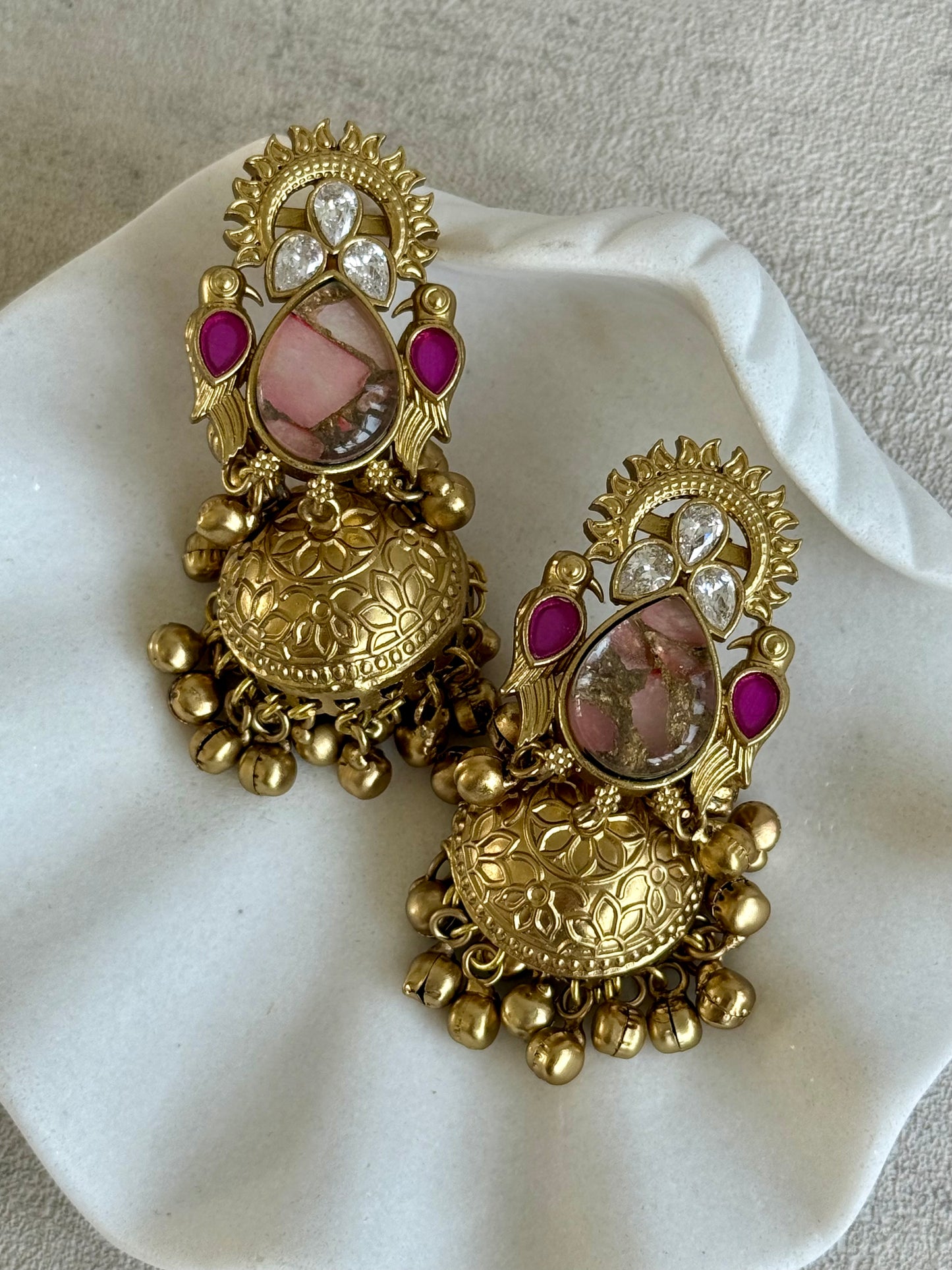 Ayura Designs Avleen Earrings – Rose Pink Marble with Antique Gold Jhumkis
