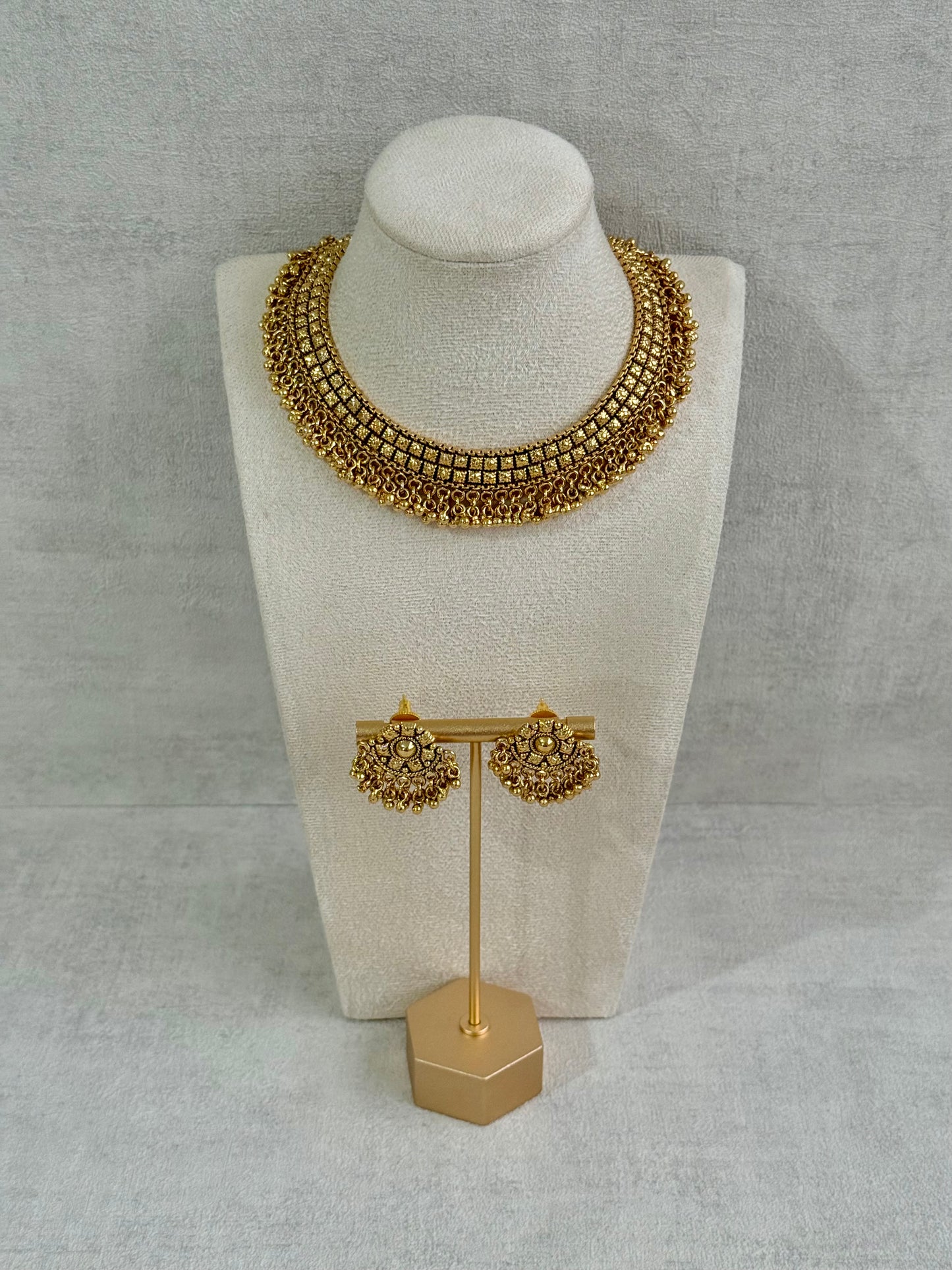 Ayura Designs Ranya Set – Antique Gold Necklace with Stud Earrings & Ghungroo Detailing
