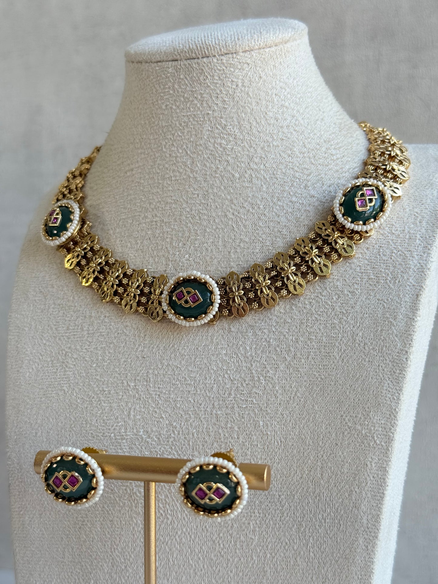 Ayura Designs Lajita Necklace Set with Stud Earrings – Emerald Green & Rani Pink with Pearl & Statement Floral Link Design