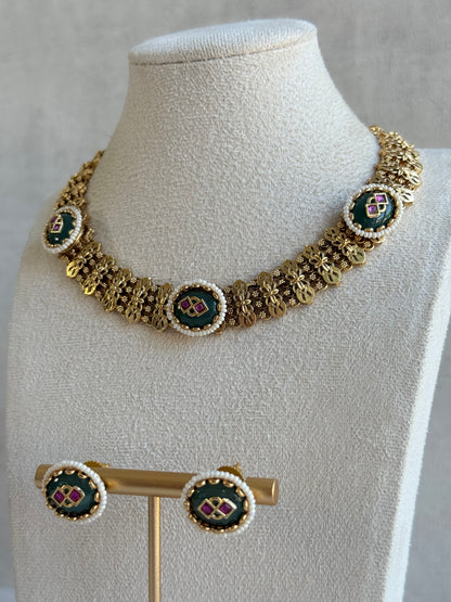 Ayura Designs Lajita Necklace Set with Stud Earrings – Emerald Green & Rani Pink with Pearl & Statement Floral Link Design