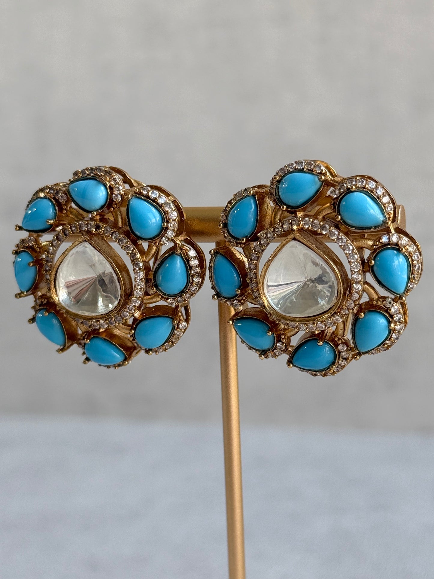Ayura Designs Giana Stud Earrings – Turquoise Blue & Crystal Kundan with Gold Finish
