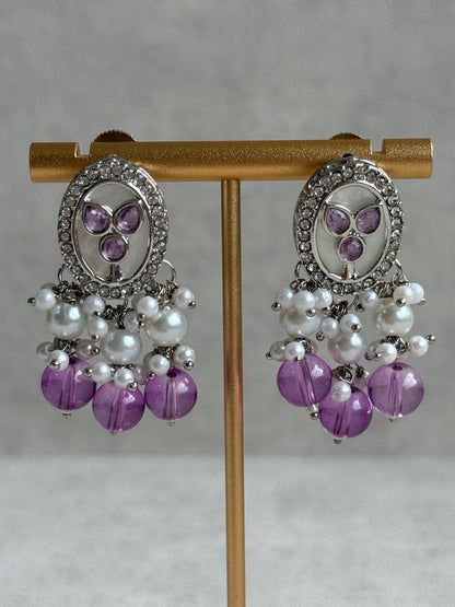 Ayura Designs Linza Set – Necklace, Earrings & Tikka in Lilac & Pearl with Silver Finish