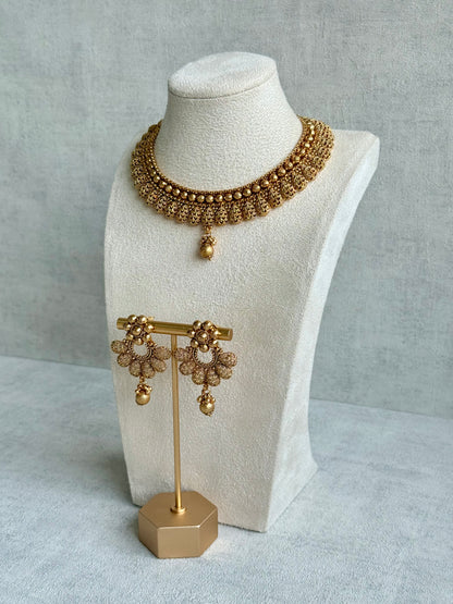 Ayura Designs Chirag Necklace Set with Earrings – Matte Gold Textured Dome Drops