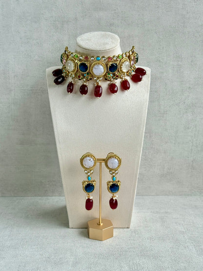 Ayura Designs Dahlia Choker Set with Earrings – Multicolour Stones, Crystal Detailing & Ruby Red Drops