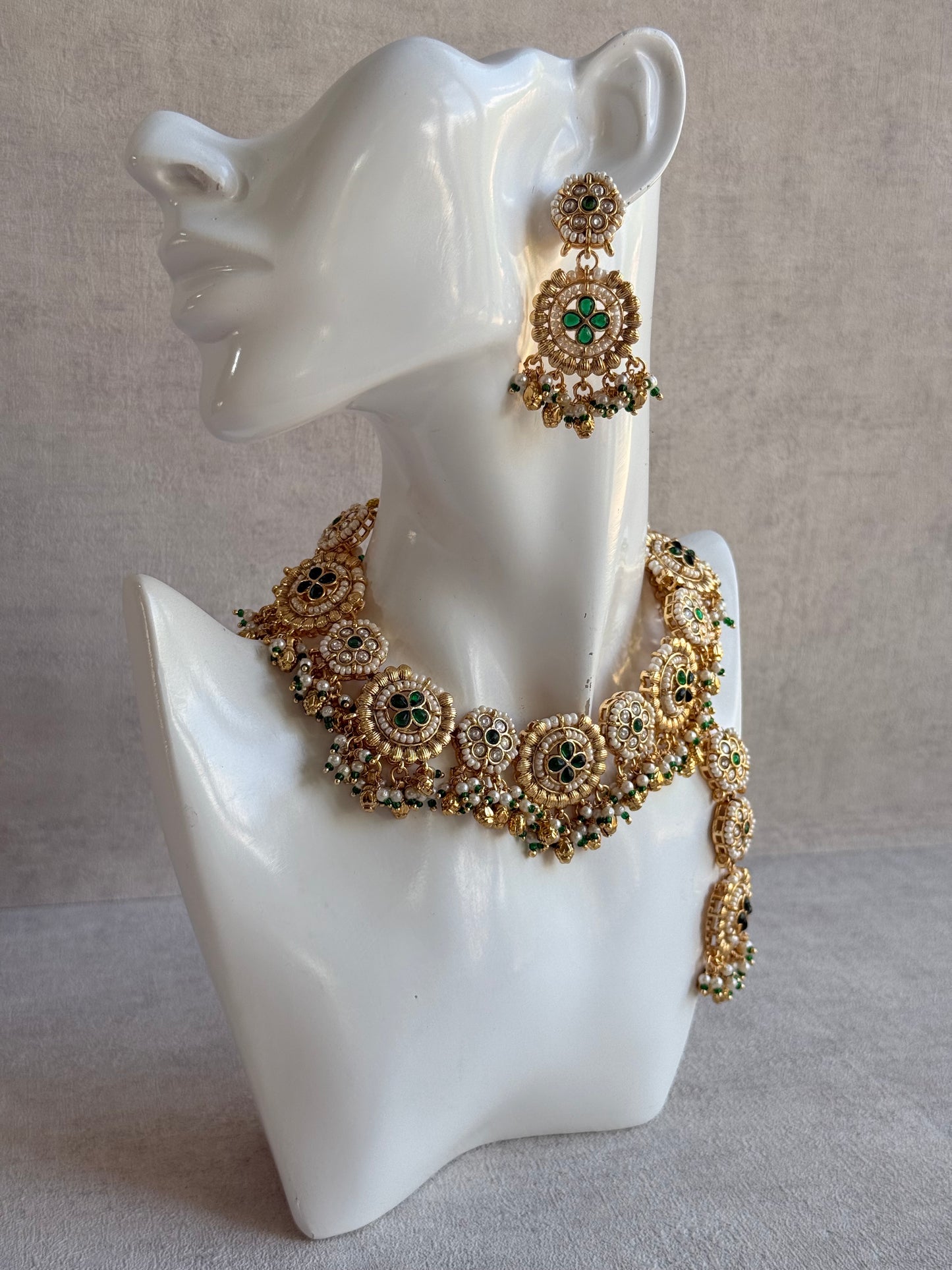 Ayura Designs Manika Necklace Set with Earrings & Tikka – Gold Finish with Emerald Green Stones, Pearls & Ghungroos