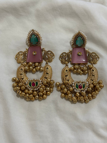 Ayura Designs Sahar Earrings – Statement Earrings with Blush Pink Stone, Mint Green Accents & Ghungroo Detailing