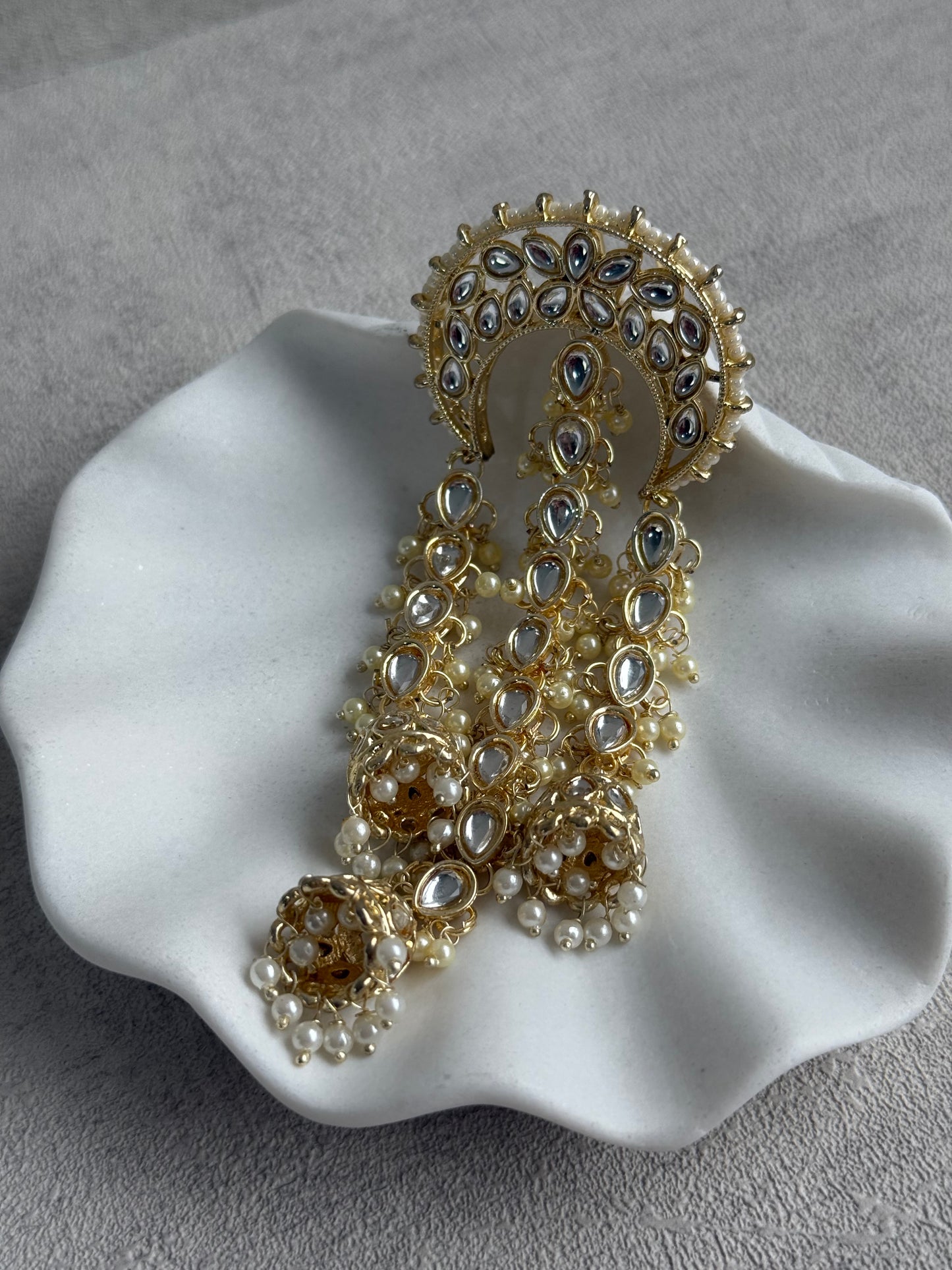 Ayura Designs Enjal Hair Brooch – Crescent Polki Design with Jhumki Tassels & Pearl Detailing