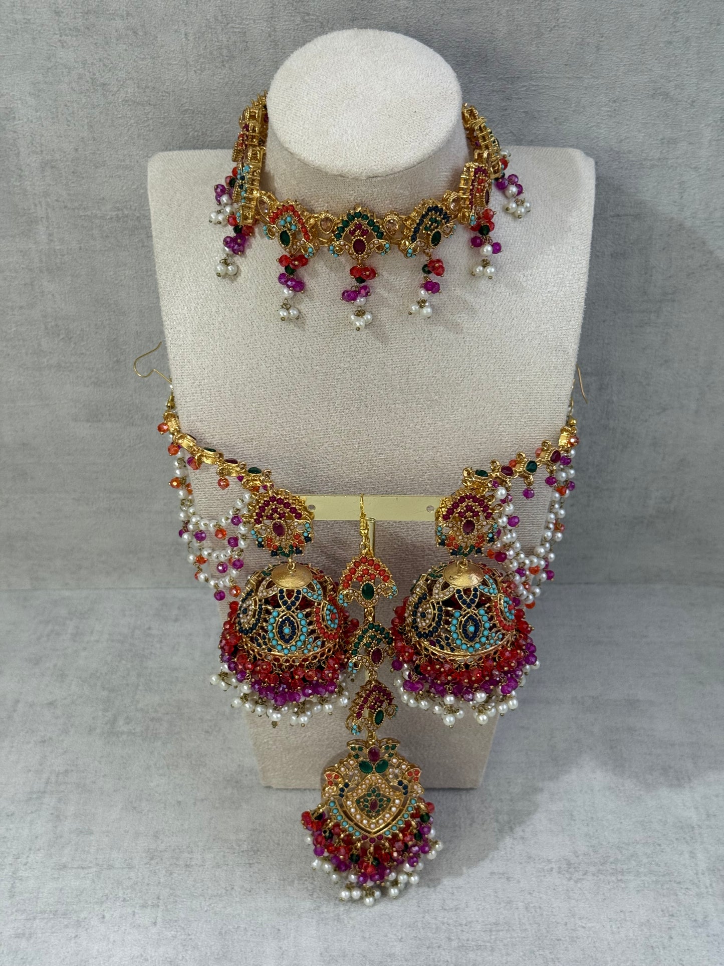 Ayura Designs Noor Set – Choker, Jhumkis with Sahare & Tikka in Multicolour with Pearl Detailing