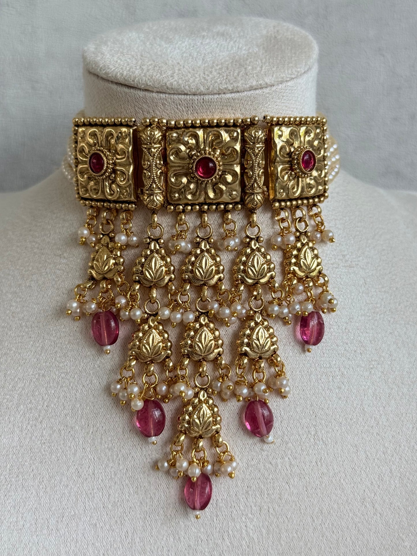 Ayura Designs Nimrah Choker Set with Earrings & Tikka – Ruby Pink Gold Tone Waterfall Jewellery Set