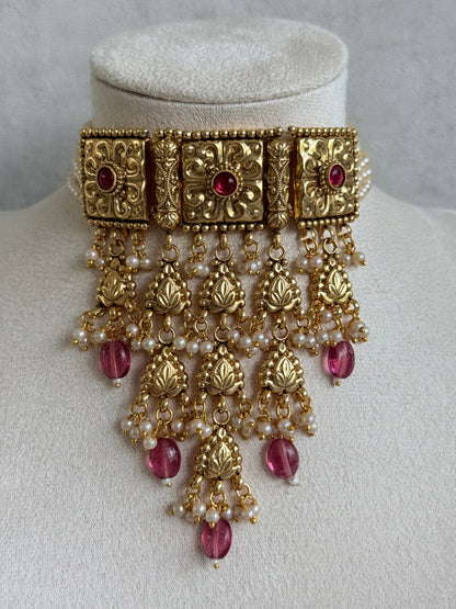 Ayura Designs Nimrah Choker Set with Earrings & Tikka – Ruby Pink Gold Tone Waterfall Jewellery Set