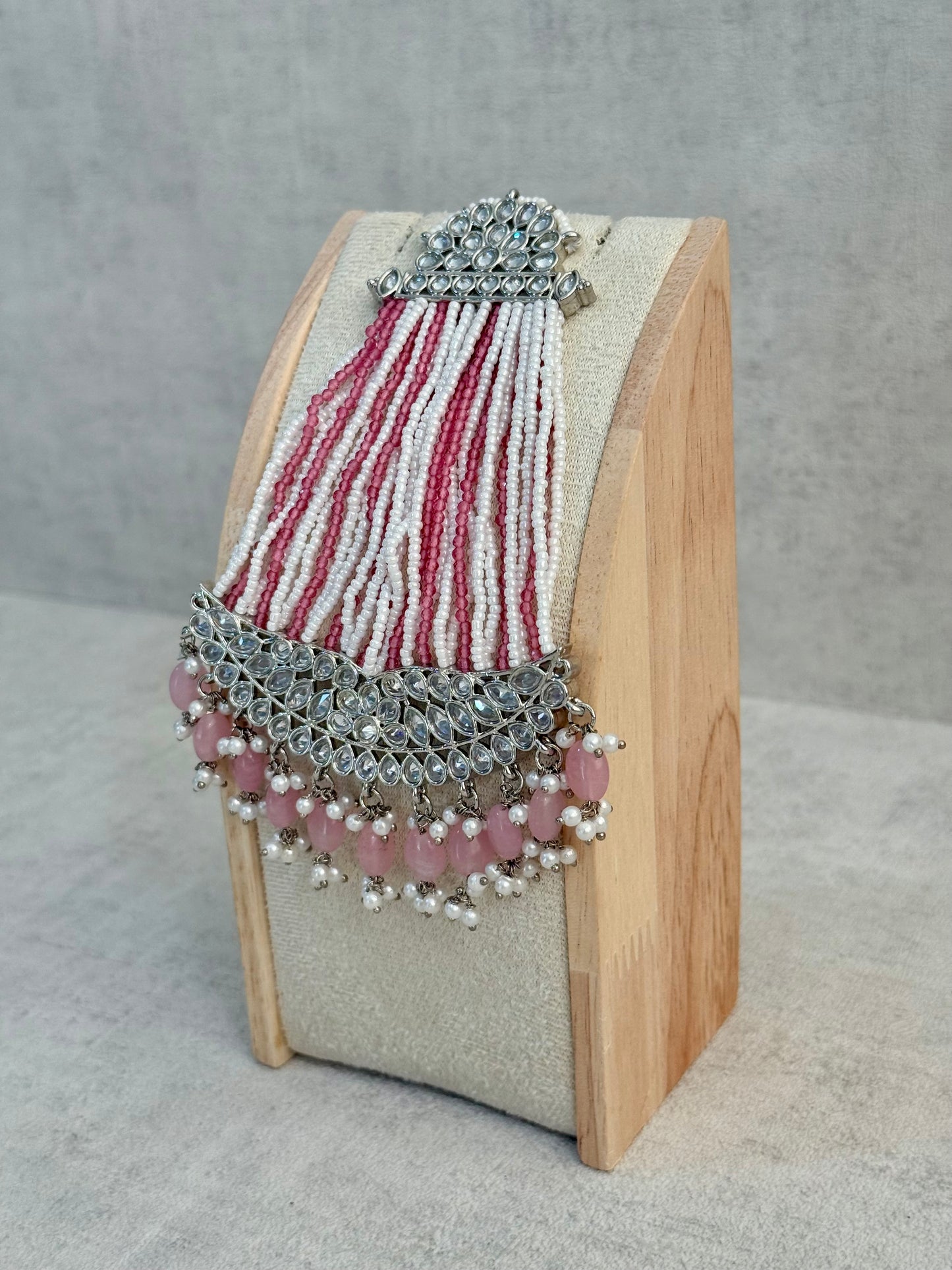 Ayura Designs Ash Jhoomar Passa – Blush Pink Beads with Mirror Cut Stones & Silver Finish