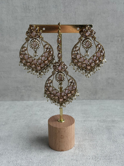 Ayura Designs Damini Tikka Set – Mirror-Cut Kundan Earrings & Tikka with Blush Pink Enamel and Pearl Detailing