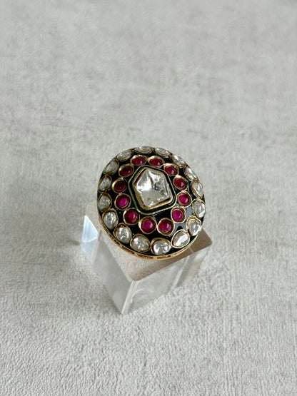 Ayura Designs Lara Adjustable Ring – Mirror-Cut Statement Ring with Ruby Pink Stones & Green Enamel Detailing