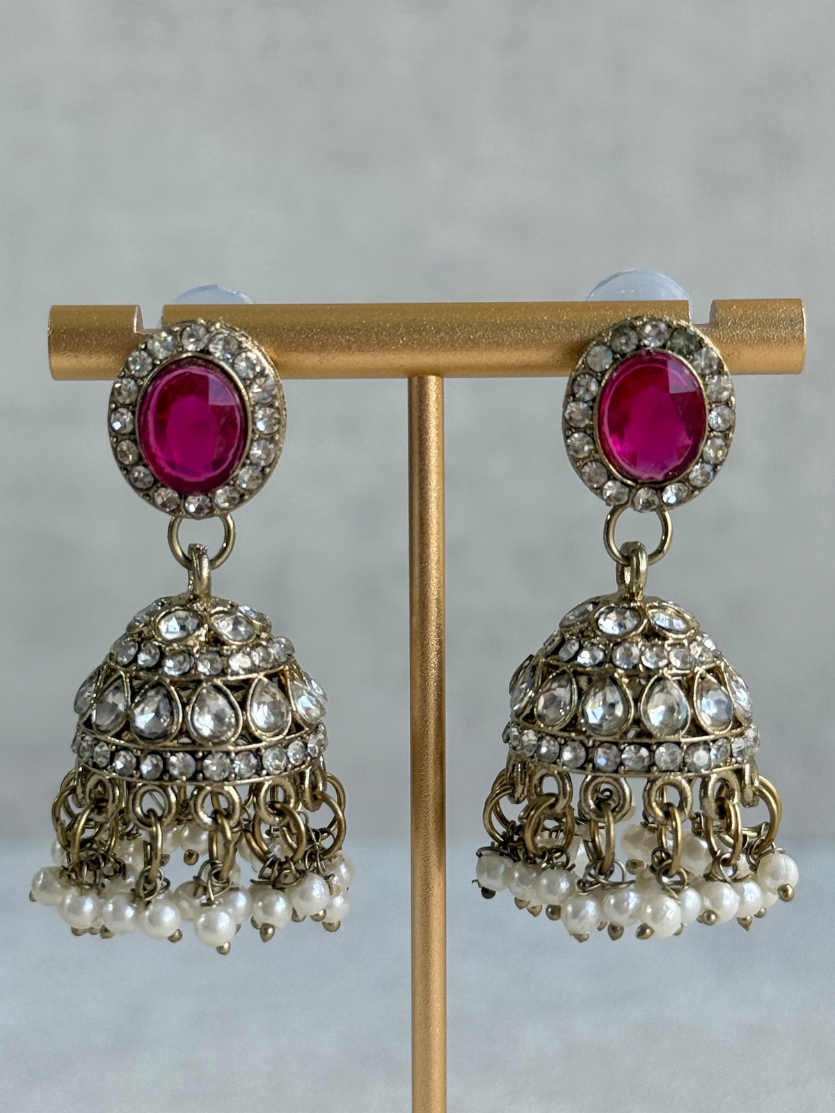 Ayura Designs Eira Necklace Set with Earrings & Tikka – Rani Pink & Crystal Stones with Antique Gold Finish