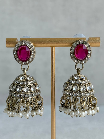 Ayura Designs Eira Necklace Set with Earrings & Tikka – Rani Pink & Crystal Stones with Antique Gold Finish