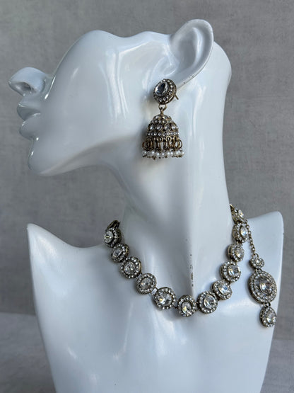 Ayura Designs Eira Necklace Set with Earrings & Tikka – Crystal Stones with Antique Gold Finish