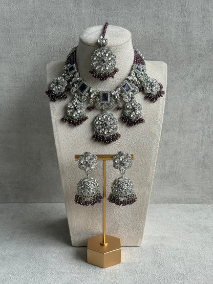 Ayura Designs Zarghuna Set with Jhumkis & Tikka – Mauve Beads, Mirror-Cut Stones & Silver Finish