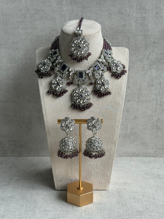 Ayura Designs Zarghuna Set with Jhumkis & Tikka – Mauve Beads, Mirror-Cut Stones & Silver Finish
