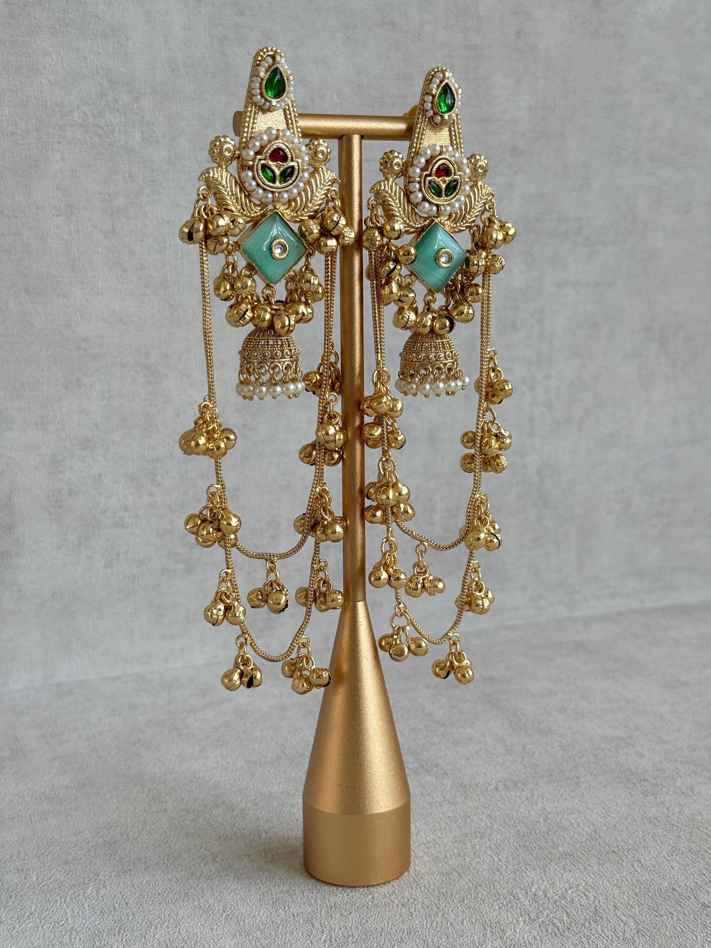 Ayura Designs Simal Earrings – Kashmiri Earrings with Mint Stone, Multicoloured Detailing, Layered Ghungroo Chains & Jhumkis
