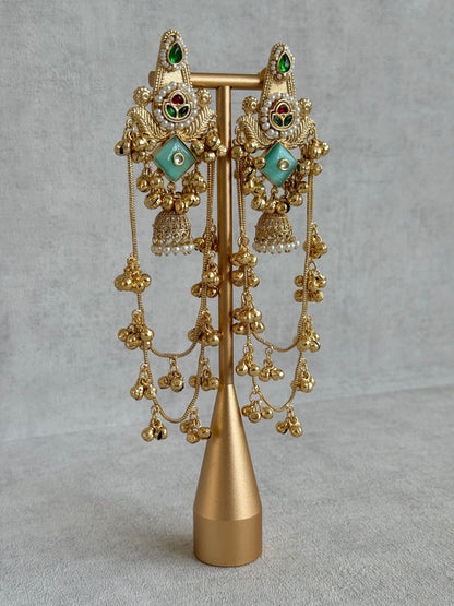 Ayura Designs Simal Earrings – Kashmiri Earrings with Mint Stone, Multicoloured Detailing, Layered Ghungroo Chains & Jhumkis