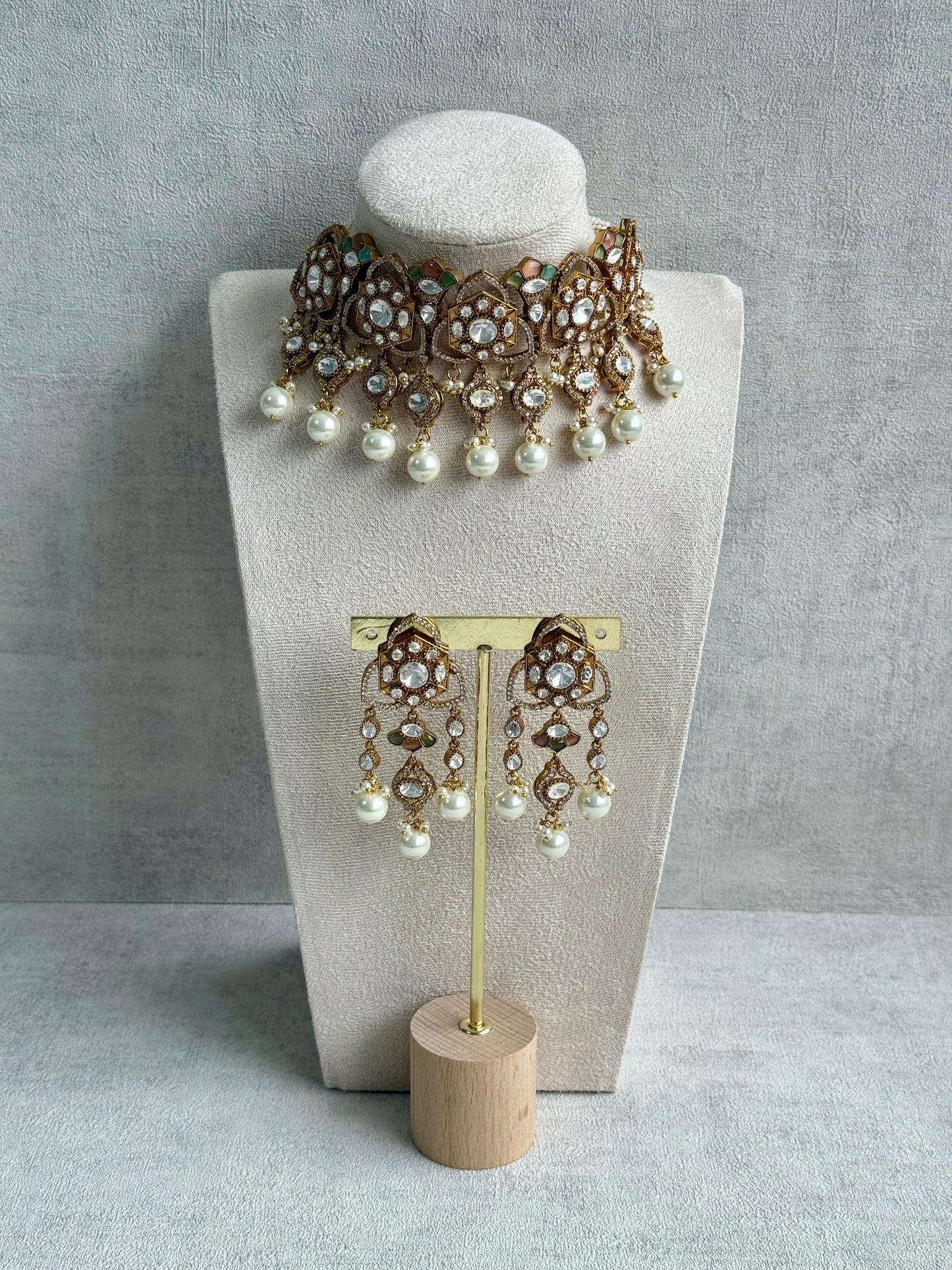 Ayura Designs Serina Choker Set with Earrings – Peach & Pistachio Enamel, Mirror-Cut Stones & Pearl Drops