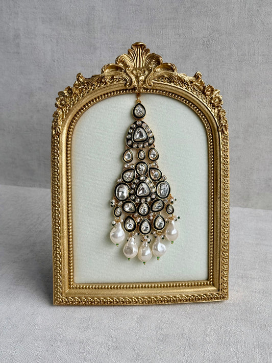 Ayura Designs Salma Jhoomar Passa – Kundan Teardrop Stones with Baroque Pearl Drops & Antique Gold Finish