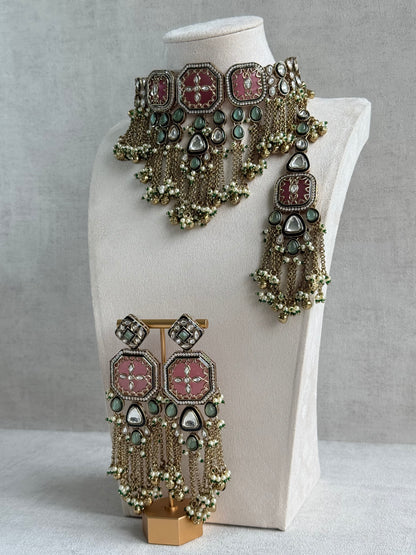 Ayura Designs Ashna Choker Set with Tikka and Earrings – Rose Pink, Mint Green & Kundan with Chains & Ghungroos in Antique Gold Finish