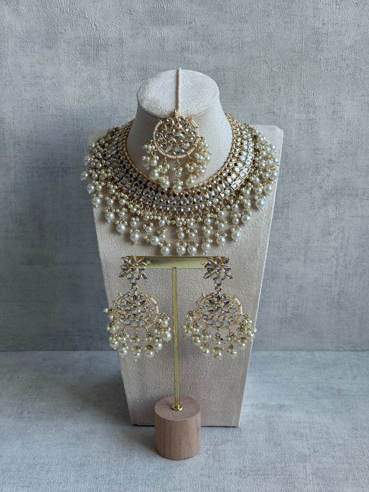 Ayura Designs Fakhra Set with Necklace, Earrings & Tikka – Mirror-Cut Stones, Pearl Detailing & Gold Finish