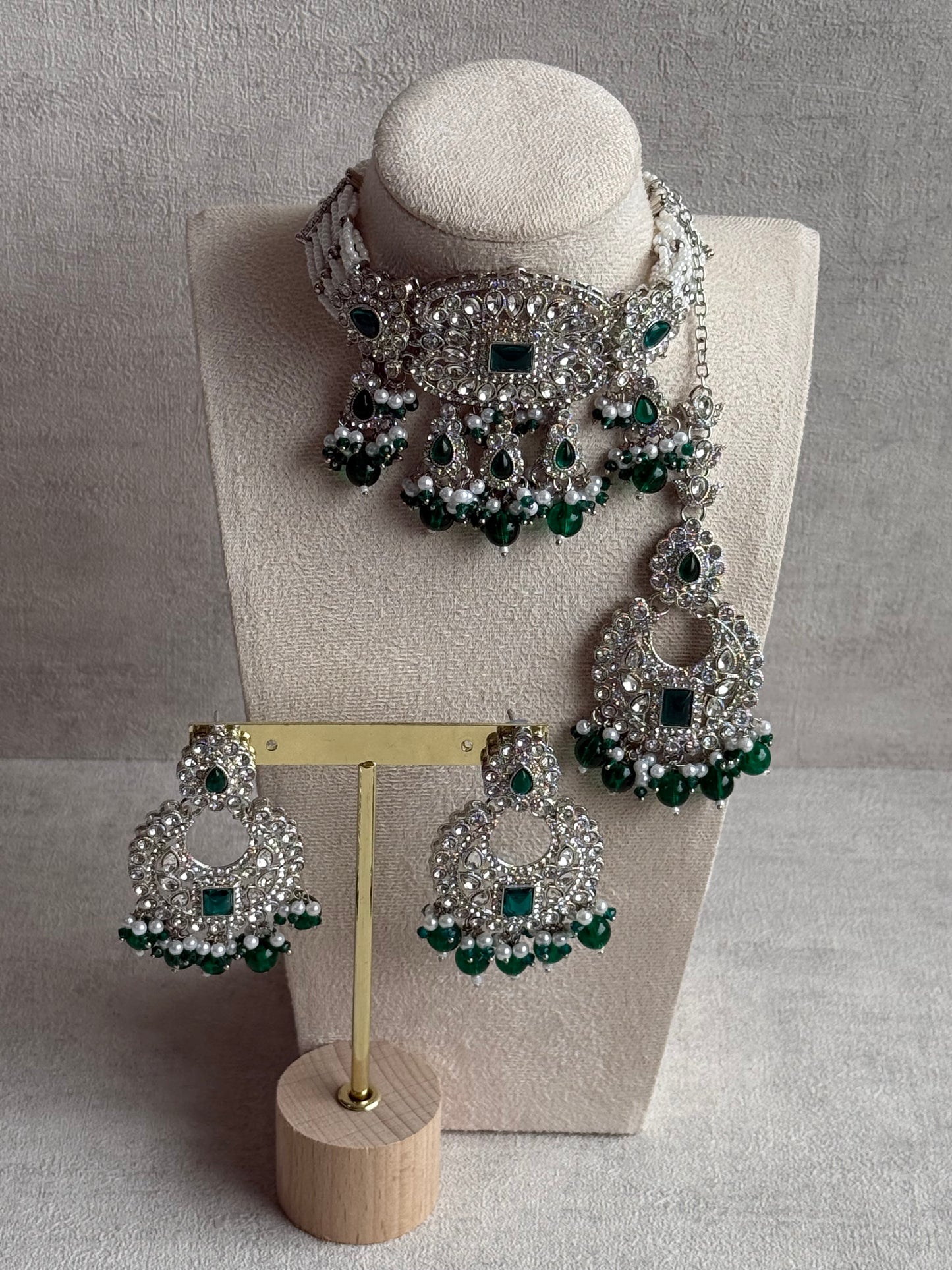 Ayura Designs Nandhini Set – Choker, Earrings & Tikka with Emerald Green Stones, Pearls & Silver Finish