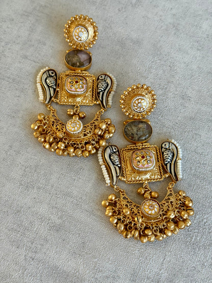Ayura Designs Soha Earrings – Antique Gold with Smoky Grey Stone & Oxidised Parrots