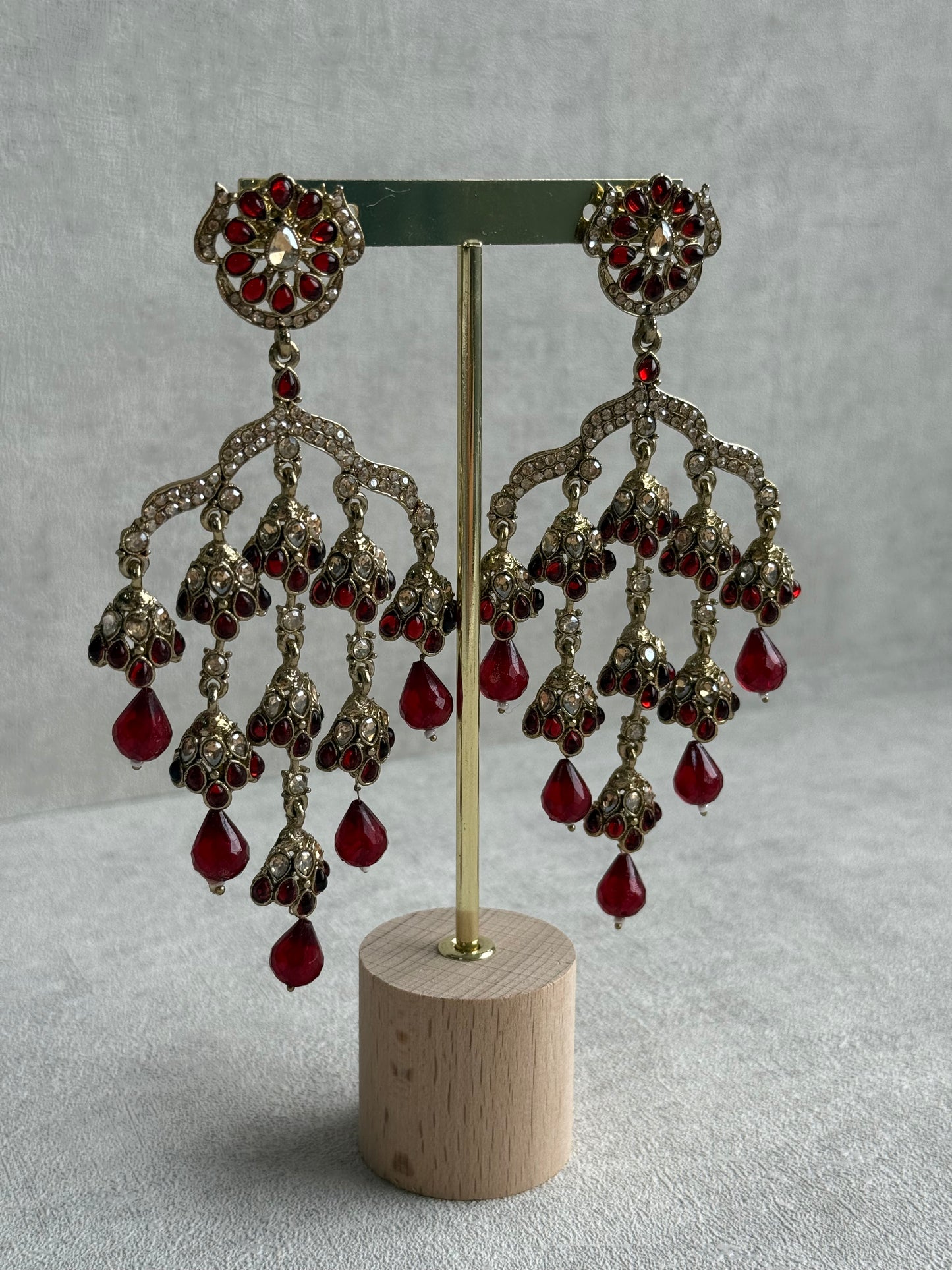 Ayura Designs Jasmine Earrings – Chandelier Earrings with Maroon Beads & Antique Gold Detailing
