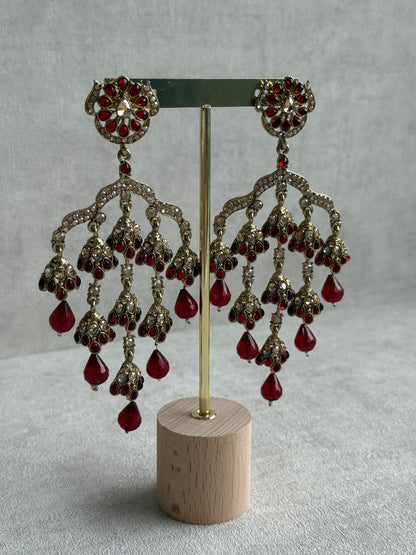 Ayura Designs Jasmine Earrings – Chandelier Earrings with Maroon Beads & Antique Gold Detailing